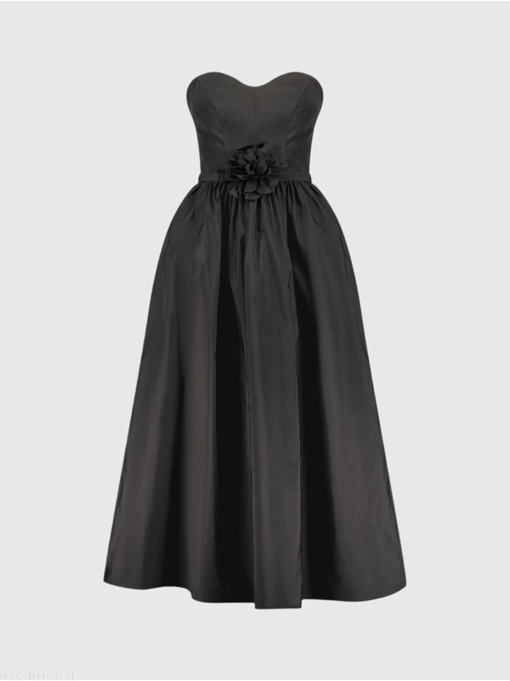 Strapless Black A-Line Evening Gown with Floral Waist - Picture 1 of 9
